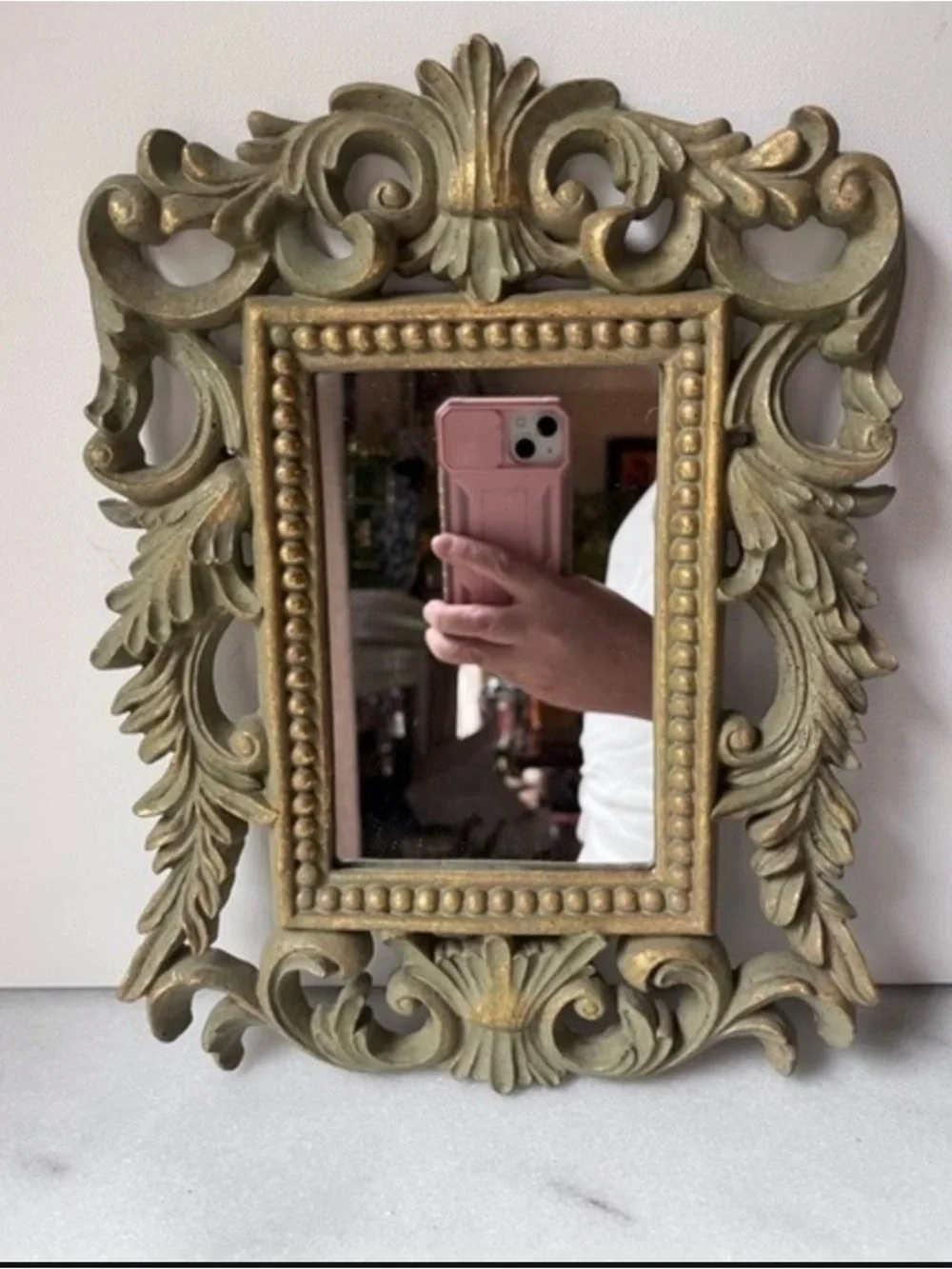 Ornate Vintage Decorative wall Mirror in Antiqued Gold and Green